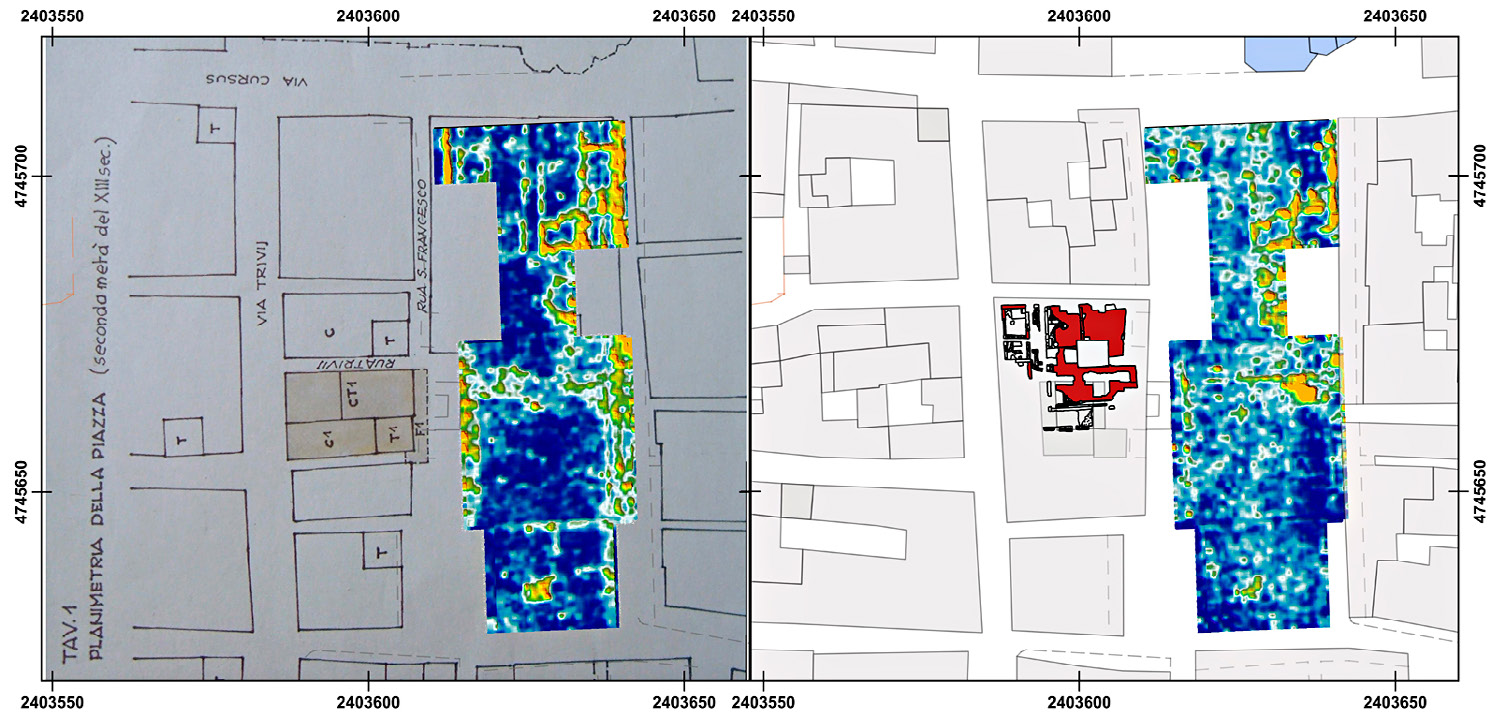 Fig. 4 – GPR slice-maps of Piazza del Popolo and integration with cartographic and archaeological data related to the flanking Palazzo dei Capitani.