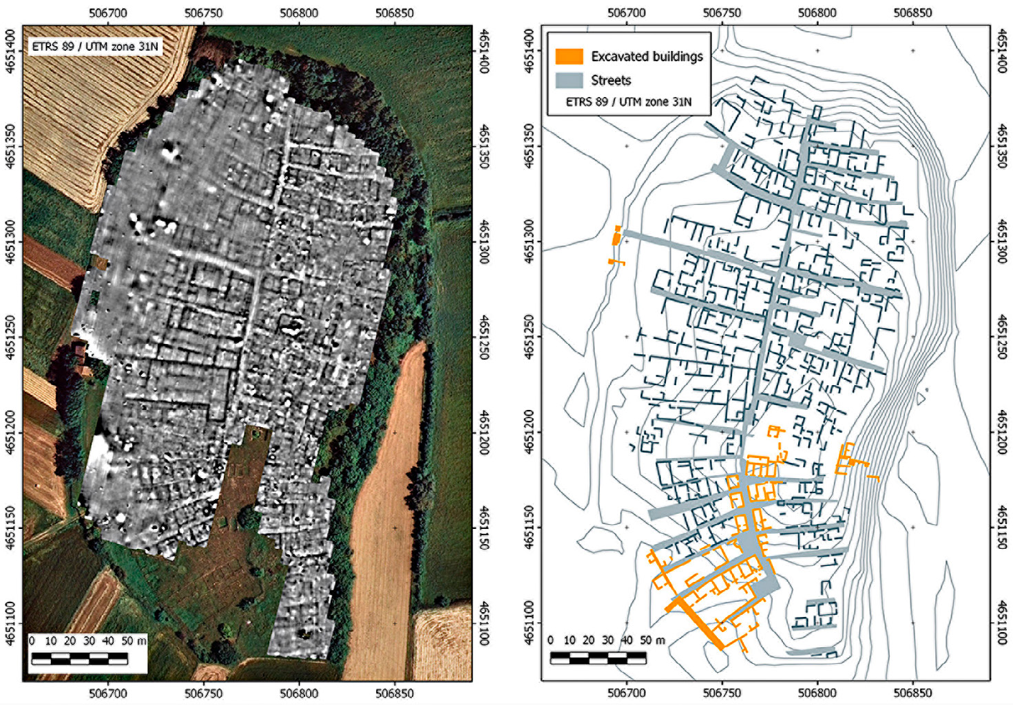 Fig. 2 – Gradiometer response map (Eastern Atlas) and interpretation diagram of the geophysical data from Illa d’en Reixac (after Garcia-Garcia, de Prado, Principal 2016).