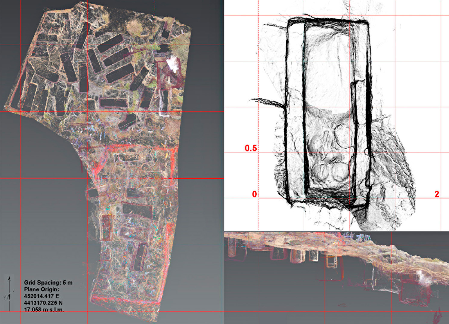 Fig. 2 – Southern necropolis of Capo San Marco: integration of laser scanning data acquired during several archaeological campaigns; synoptic views of the sector A explored between 2013 and 2014 (on the left, and on the lower right); detailed planimetric view of a chamber tomb with contained objects during the archaeological excavation (on the upper right). Data acquisition and processing: M. Silani.