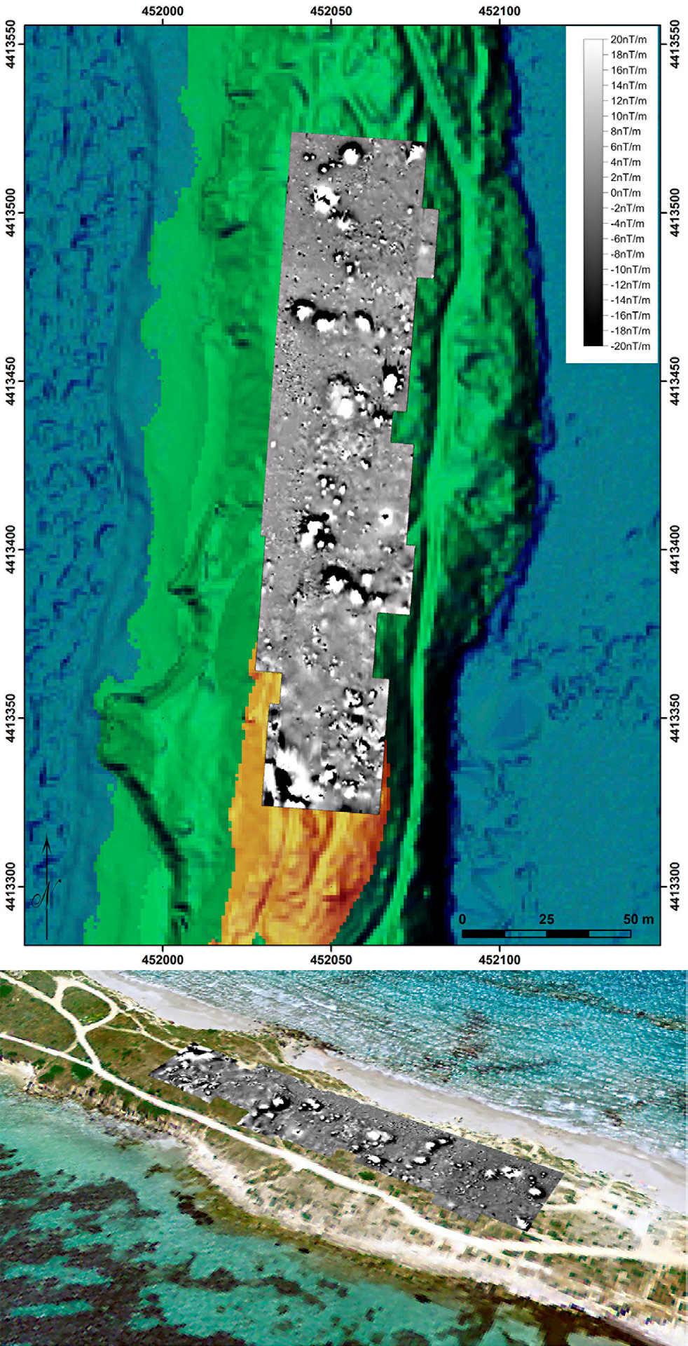 Fig. 3 – Geomagnetic survey of the isthmus Sa Codriola (top) and overlapping with the digital terrain model (bottom). Optically pumped potassium gradiometer, sensors distance 1.30 m. Data acquisition and processing: F. Boschi.