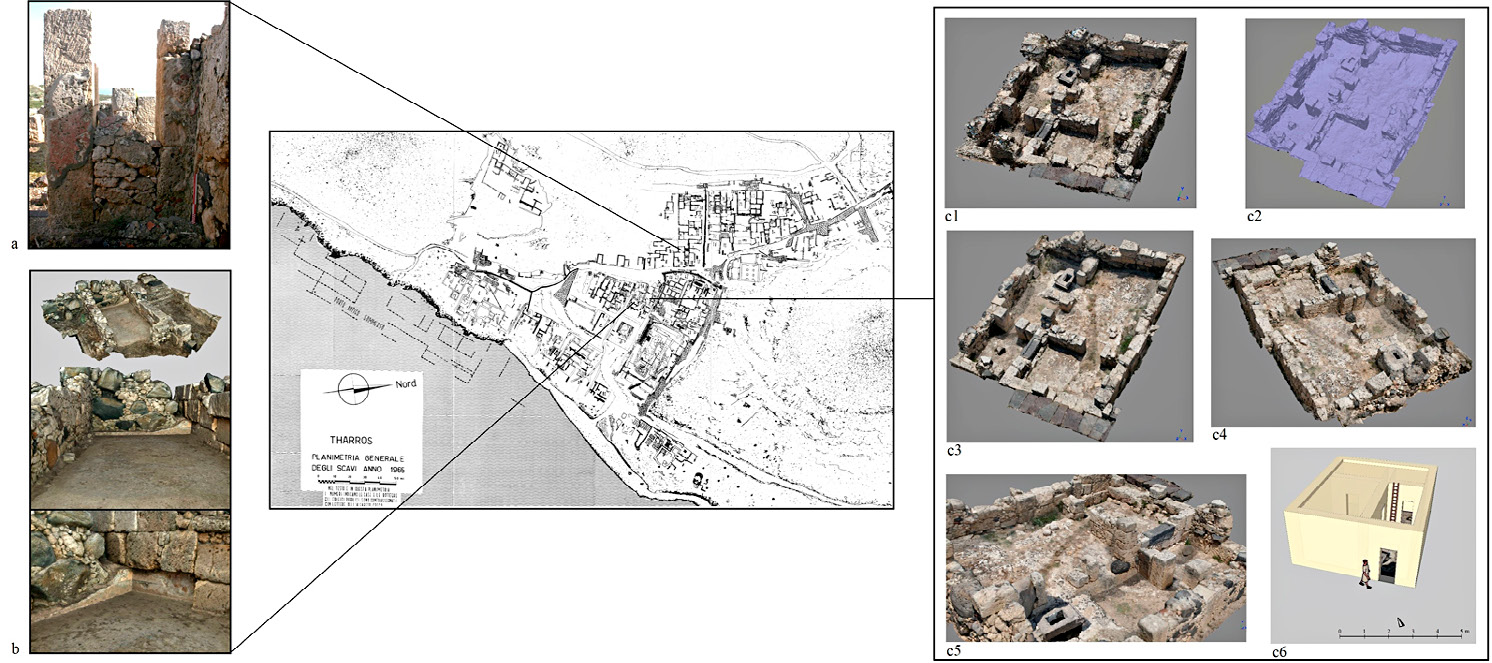 Fig. 4 – Archaeological map of Tharros (Pesce 1966, Planimetria generale degli scavi anno 1965) with the contexts involved in 3D relief by laser scanner and photogrammetric method: a) Eastern wall of building no. 20 (photo by M. Marano); b) 3D model of building no. 58 (Marano, Silani in press); c) Point cloud (c1), mesh (c2), NW view of 3D model (c3), SW view of 3D model (c4), SE detail view of 3D model (c5) and reconstruction of the first phase (c6) of building no. 56. Data acquisition and processing: M. Marano.