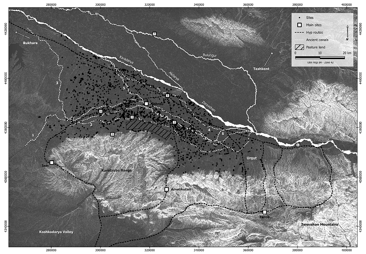 Fig. 3 – Archaeological sites resulting from the UIAP survey with hypothesis of major ancient canals (1 early Dargom; 2 Yangìaryk; 3 Eskì Angar; 4 Siab; 5 late Dargom), pasture lands and local routes (background: 2012 ASTER GDEM with slope). For the major sites numeration see Fig. 1.