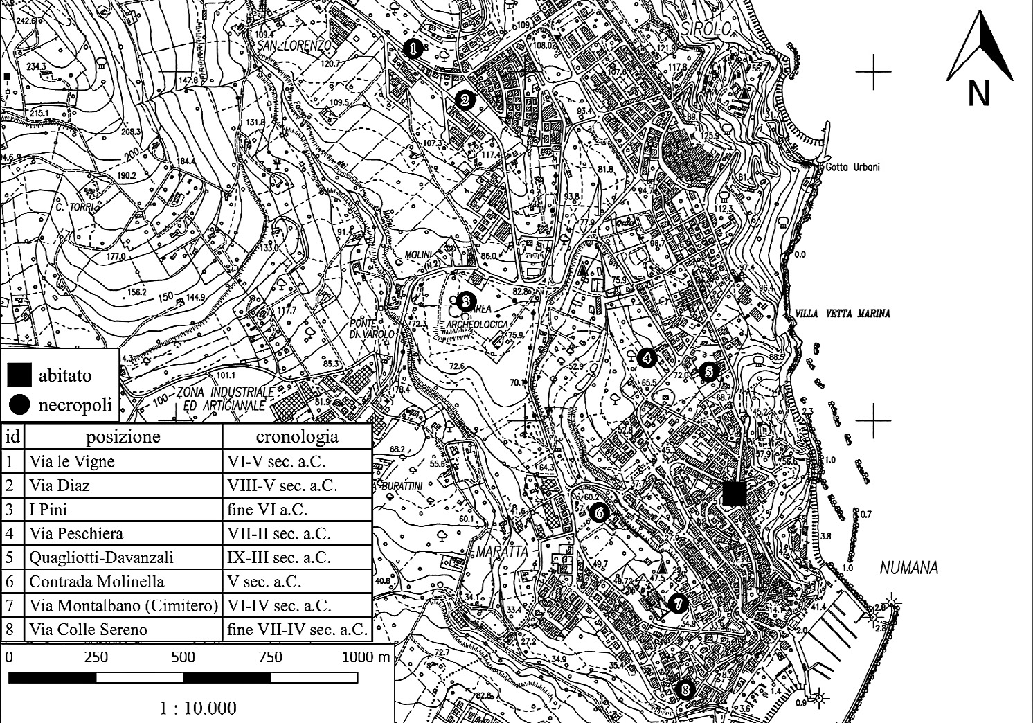 Fig. 1 – Numana-Sirolo territory, with locations of necropoleis and inhabited area.