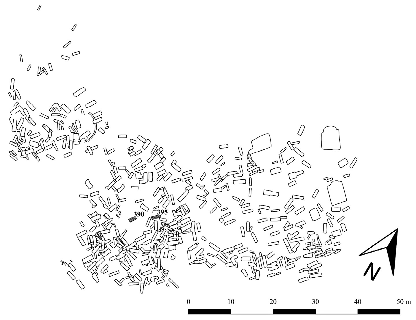 Fig. 2 – Plan of Quagliotti-Davanzali necropolis, with the location of tombs 390 (9th century BC) and 395 (4th century BC).