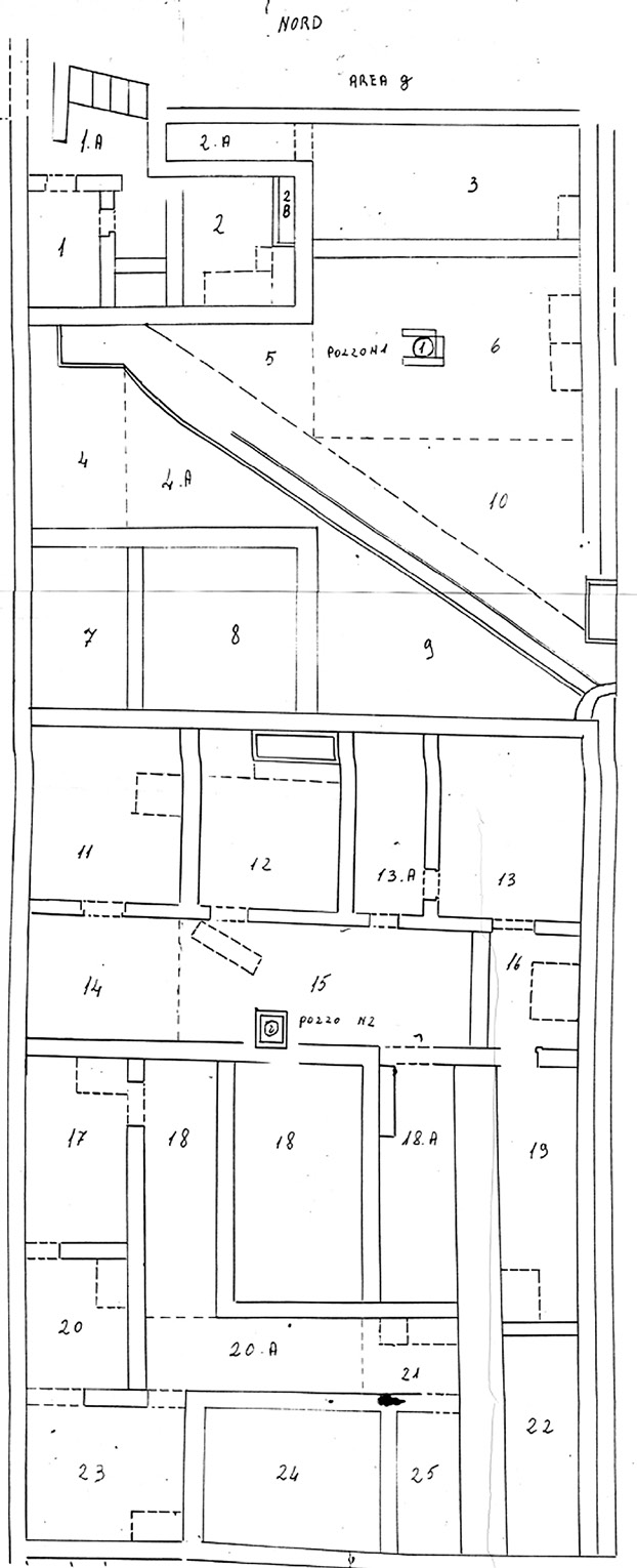 Fig. 1 – Map of the 1950s excavation in the insula III (particular). Archivio Parco Archeologico e Paesaggistico “Valle dei Templi”, Agrigento.