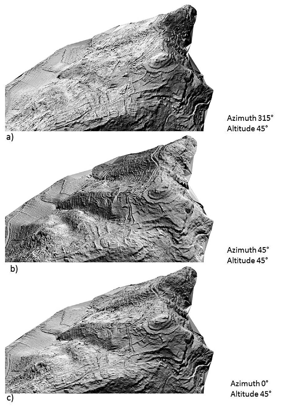 Fig. 3 – Hillshading visualization (DTM) in the 3D GIS environment (ESRI ArcScene) from three different directions of illumination. Graphics: V. Poscetti.