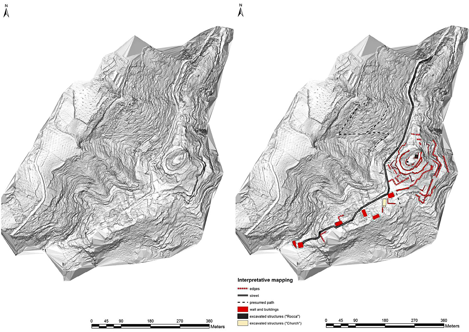 Fig. 4 – Left: slope visualization by means of an inverted greyscale (steep slopes are darker). Right: Archaeological interpretation of the features. Dashed lines on the top of the hill (edges) hypothetically indicate the structures of the fortress with enclosure walls located at different elevations. The NE-SW modern street crossing the site is partially set on an ancient road. Graphics: V. Poscetti.