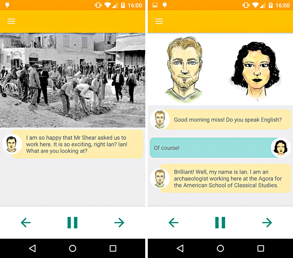 Fig. 1 – Screenshots from the mobile application depicting the characters narrating the stories in the Ancient Agora prototype experience.