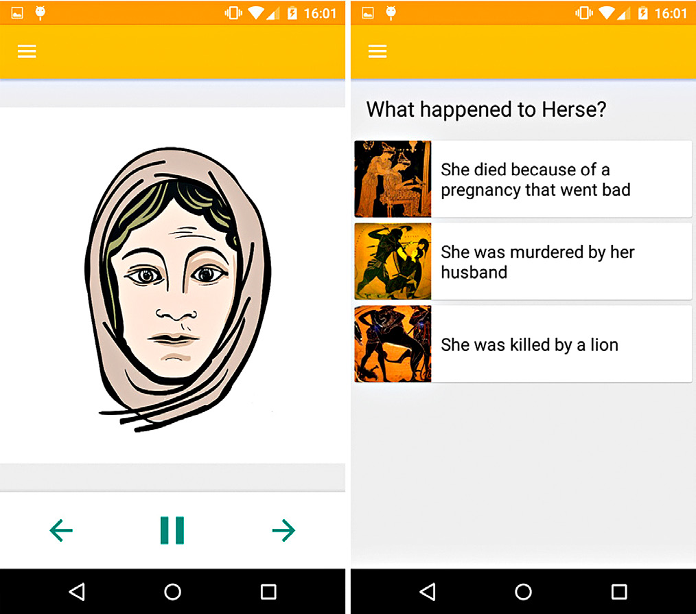 Fig. 2 – Screenshots from the story of the grave depicting one of the main heroines of the story, Herse (left), and an interactive quiz requiring visitor input (right).