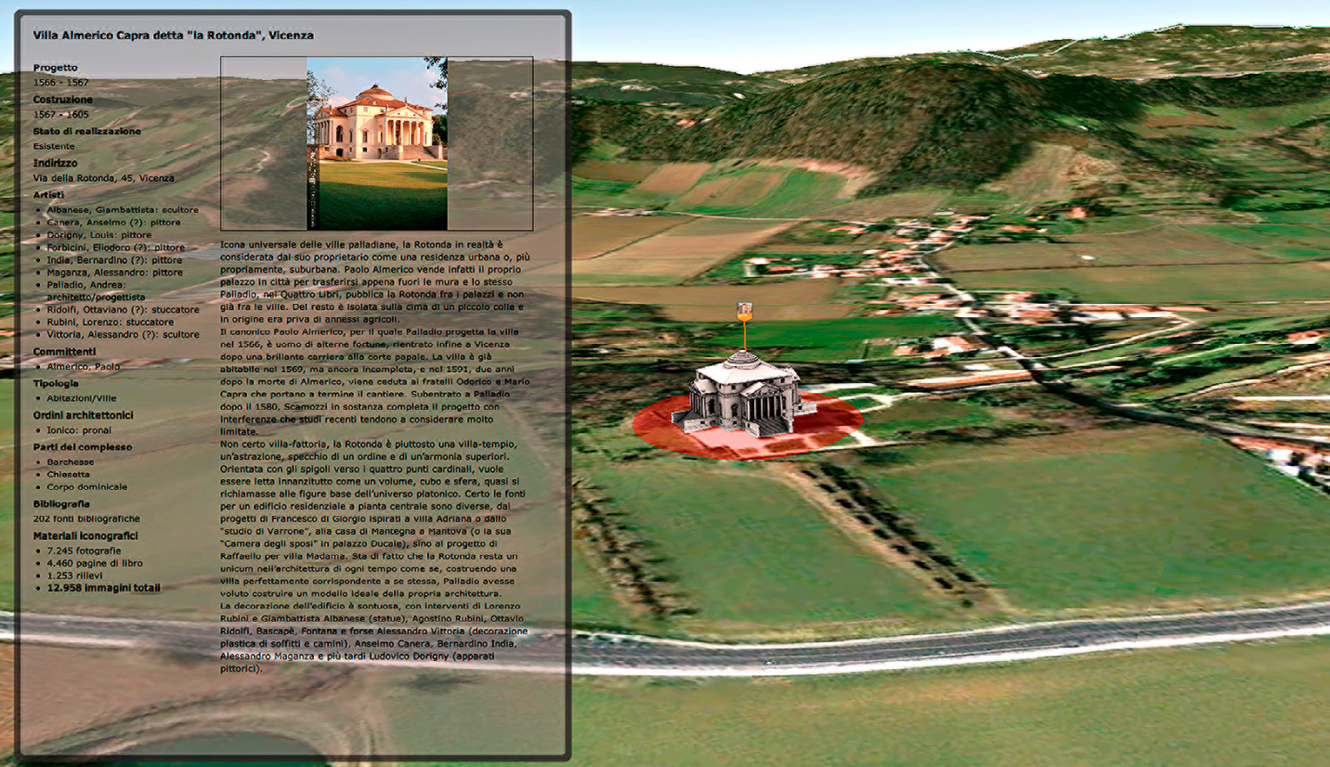 Fig. 1 – Andrea Palladio - 3D geodatabase (2012): interface with a descriptive card.