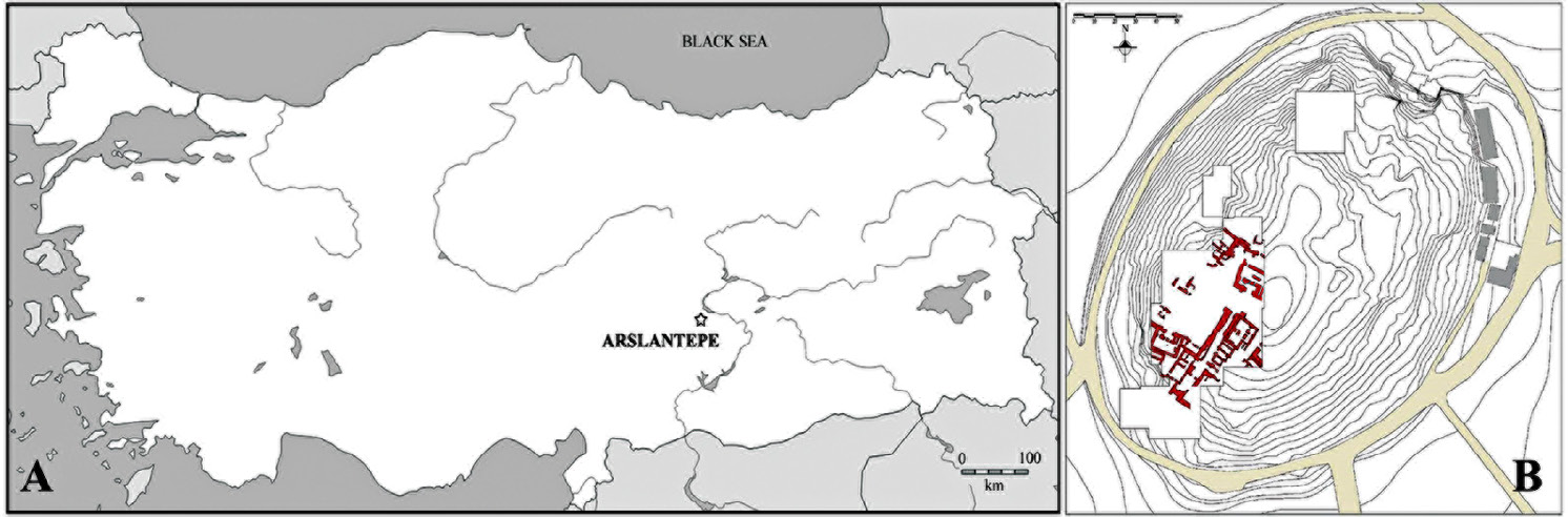 Fig. 1 – A) Map of Turkey with the localization of Arslantepe; B) Plan view of Arslantepe with the evidence of the Palatial Complex.