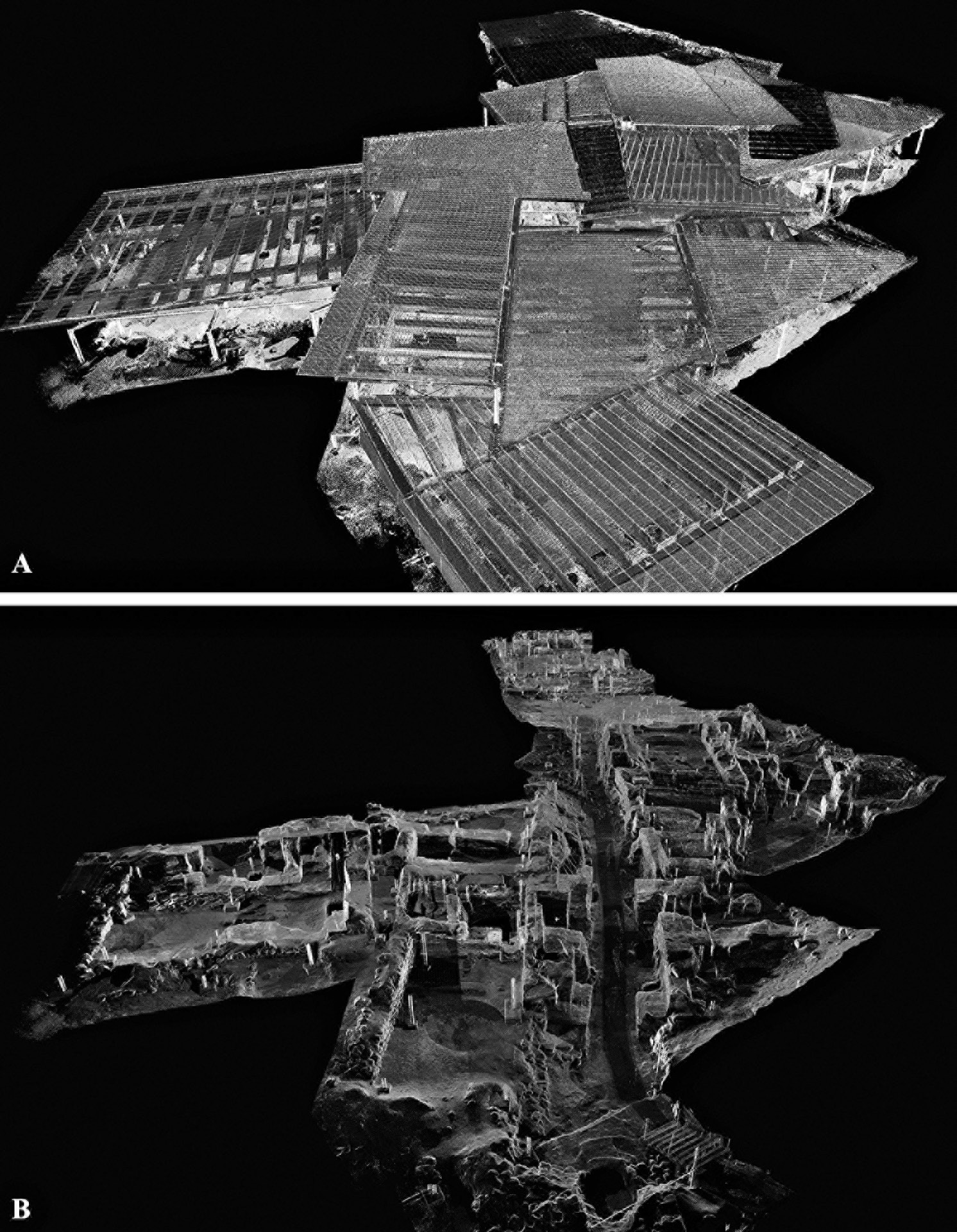 Fig. 2 – Point clouds of the Palatial Complex with (A) and without (B) the roofing system.