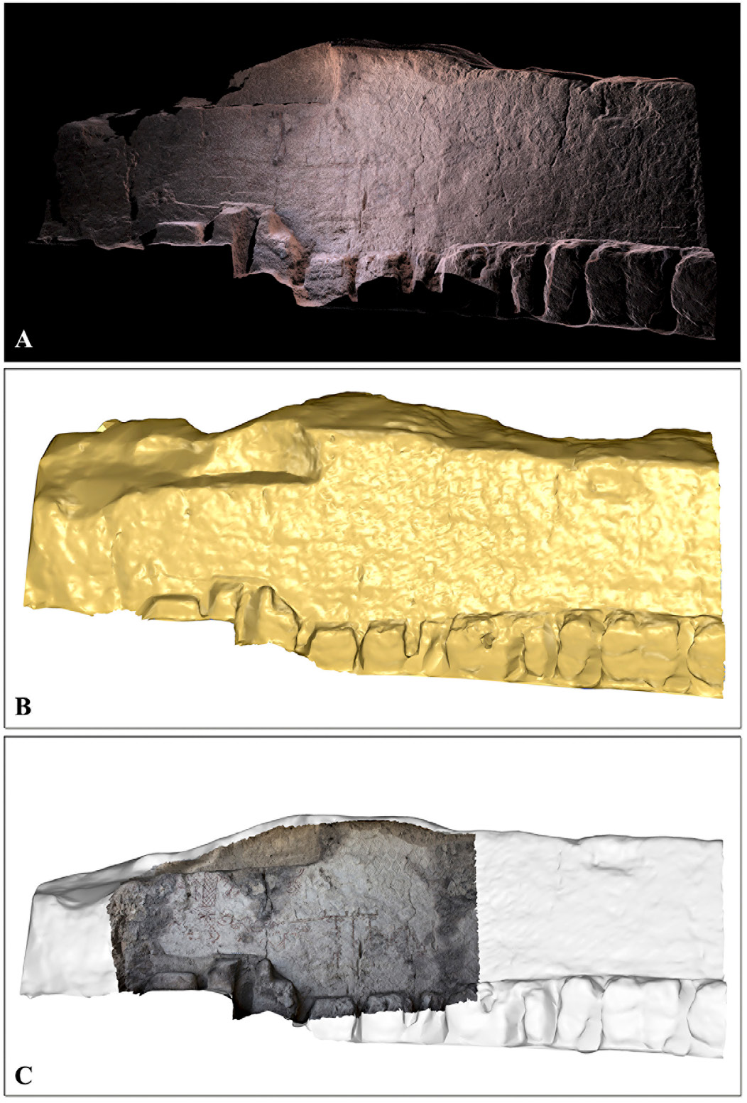 Fig. 3 – Northern sector of the corridor wall showing original paintings: A) A color point cloud from scanner; B) Mesh; C) Textured mesh.