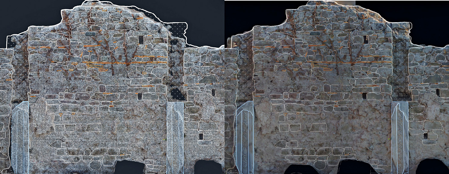 Fig. 2 – Pointcloud and orthophoto exported to AutoCAD of the northern chapel wall, Bishop Episcopal Palace, Side, Turkey.