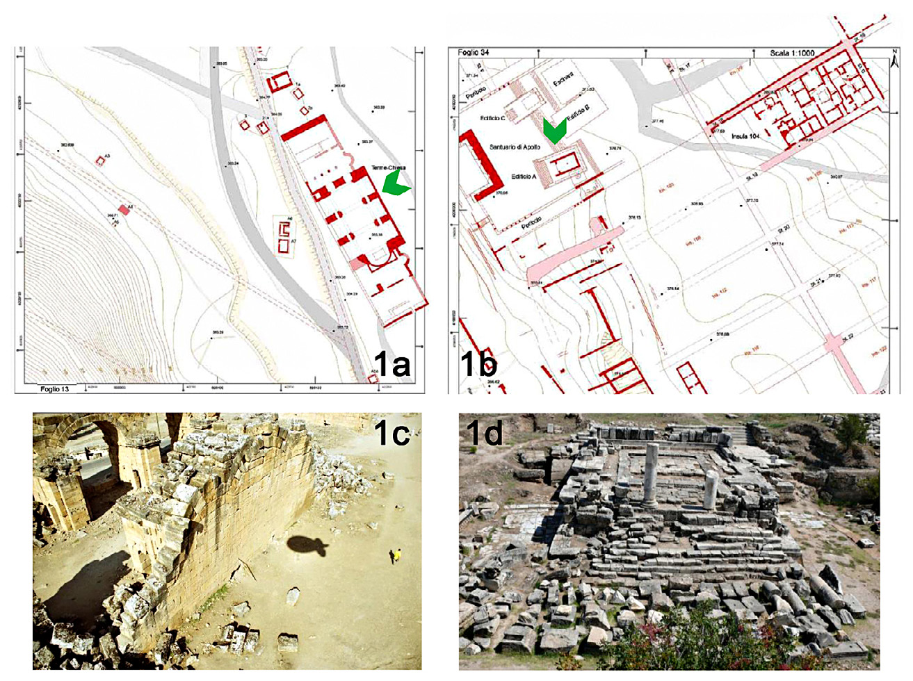 Fig. 1 – a-b) Hierapolis Atlas (D’Andria, Scardozzi, Spanò 2008), map n°13 and n°35, zoomed excerpt on Bath-Church complex and eastern wall (sx) and Apollo Sanctuary and its Building A (dx); c-d) An image of the Bath-Church acquired by balloon (sx) and an image of Apollo Sanctuary (dx) from: https://www.hierapolis.unisalento.it/.