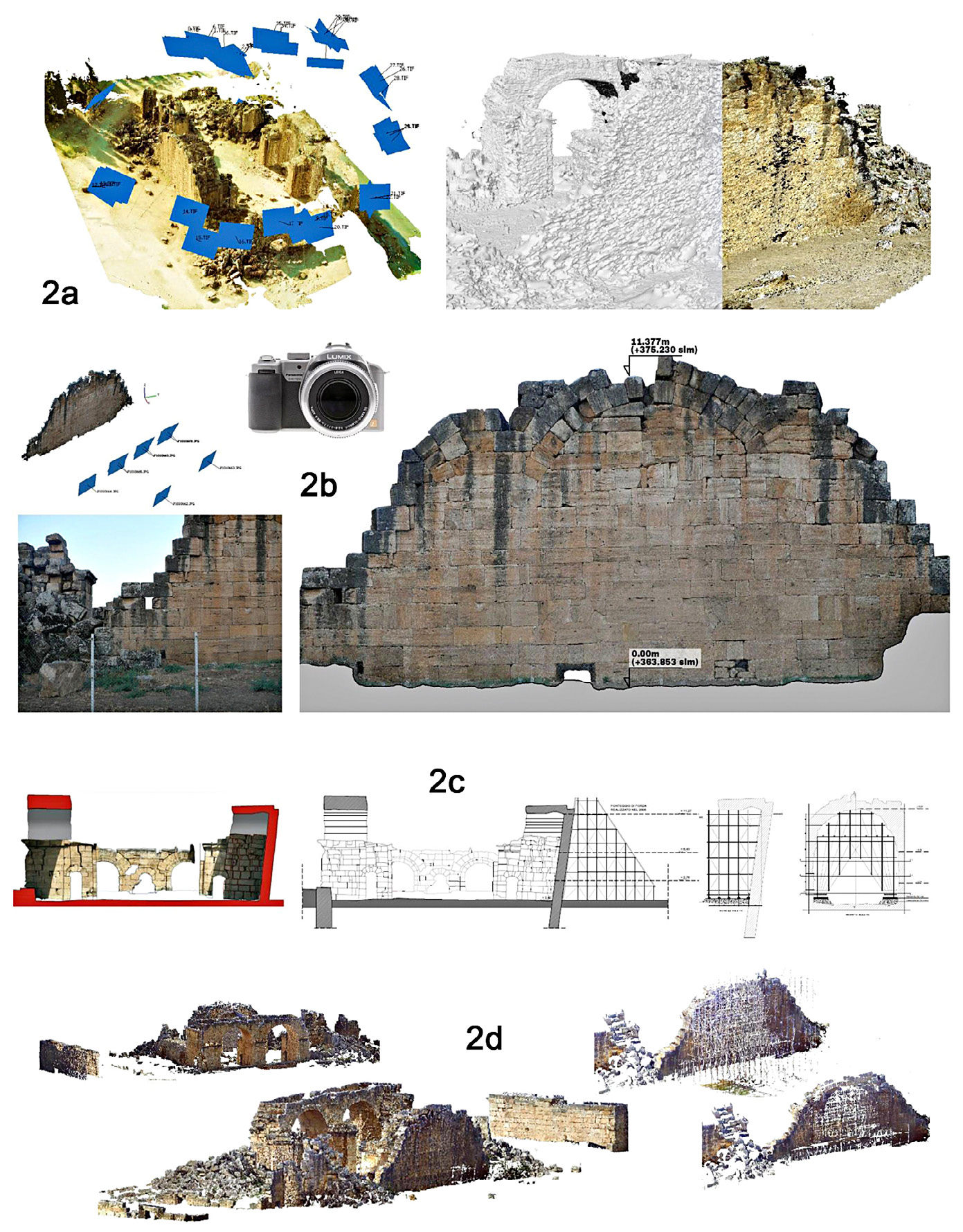 Fig. 2 – The 3D model generated with 1996 images: a) (sx) Estimated position of the camera equipping the curbed balloon and (dx) 3D mesh and dense cloud from unsuccessful densification process; b) Terrestrial acquisition on eastern wall of Bath-Church in 2007 campaign with digital camera Panasonic Lumix DMC-FZ50 (sx) and orthoimage of the wall from close-range acquisition (dx); c) The pipes structure project in 2012 for support of internal and external front of the eastern wall (Mighetto, Galvagno 2012); d) LiDAR data in 2012, with and without the pipes structure: it supports the masonry wall displacement but it causes occlusion in wall documentation too (Invernizzi, Spanò, Alfieri 2014).