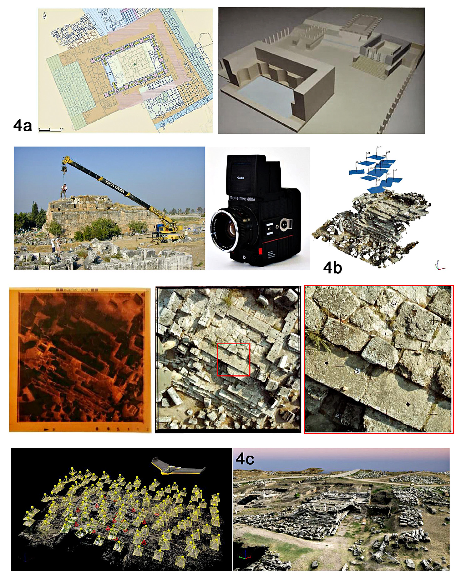 Fig. 4 – a) The Apollo Sanctuary in (sx) reconstruction of 1st century AD (Giulio-Claudia Age, phase II) and (dx) 3rd century AD (Severian Age, phase III); b) The temple in the 2002 acquisition campaign: (up) the photos collection using a Rolleiflex camera by a man harnessed and suspended from a crane (down), the photonegative film and the photogram, with a zoom excerpt; c) The sacred area in 2015: the aerial photogrammetric acquisition by fix wing drone, after the archaeological accommodation of the Apollo sepulchre; camera position and orientation (sx), and dense cloud (dx).