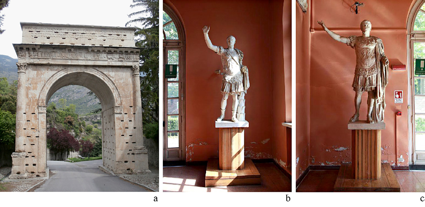 Fig. 1 – a) The Arch of Augustus; b-c) The Roman loricate busts.