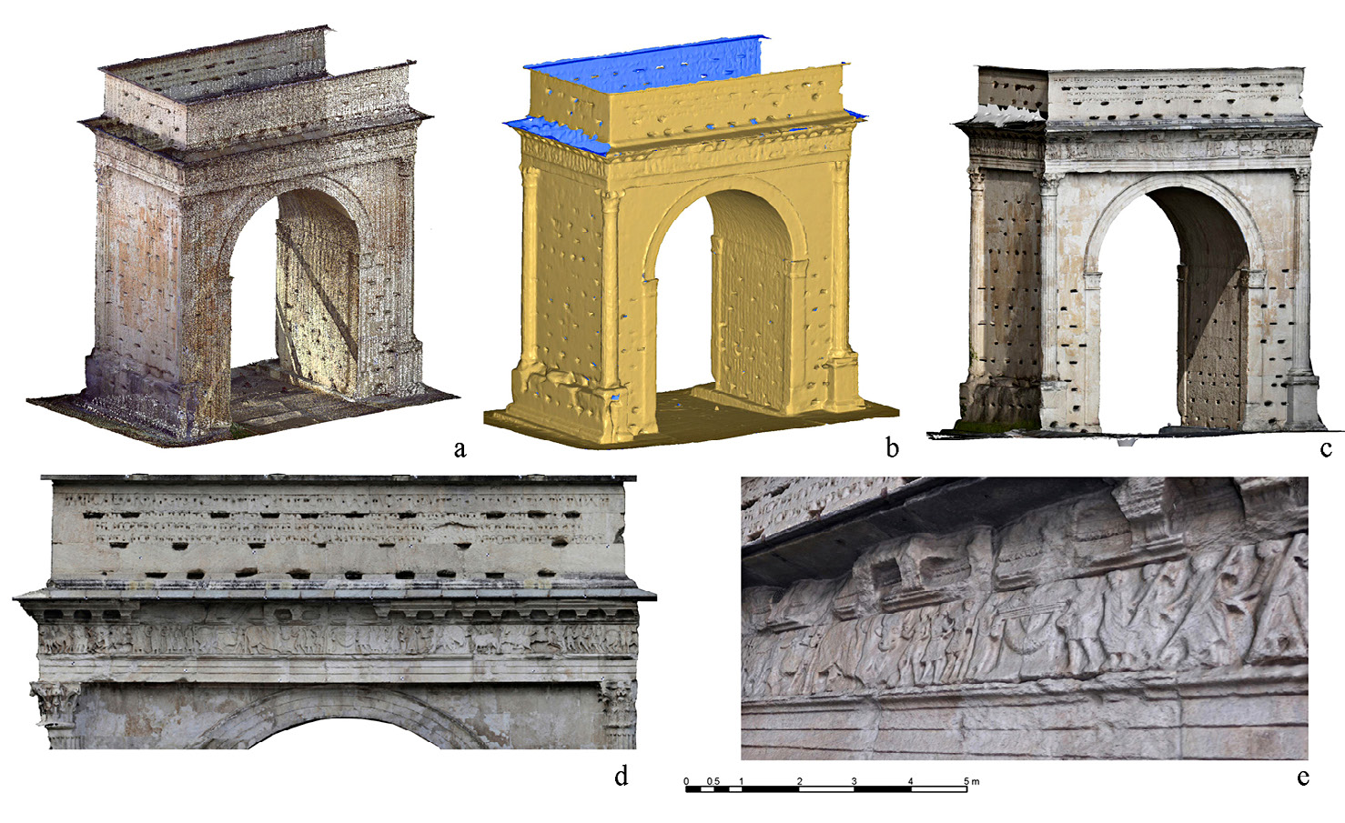 Fig. 2 – a) The final point cloud; b) The mesh model; c) The textured mesh model; d) Portion of the orthophoto used for model texturing; e) Zoom on a frieze portion of the textured mesh model.