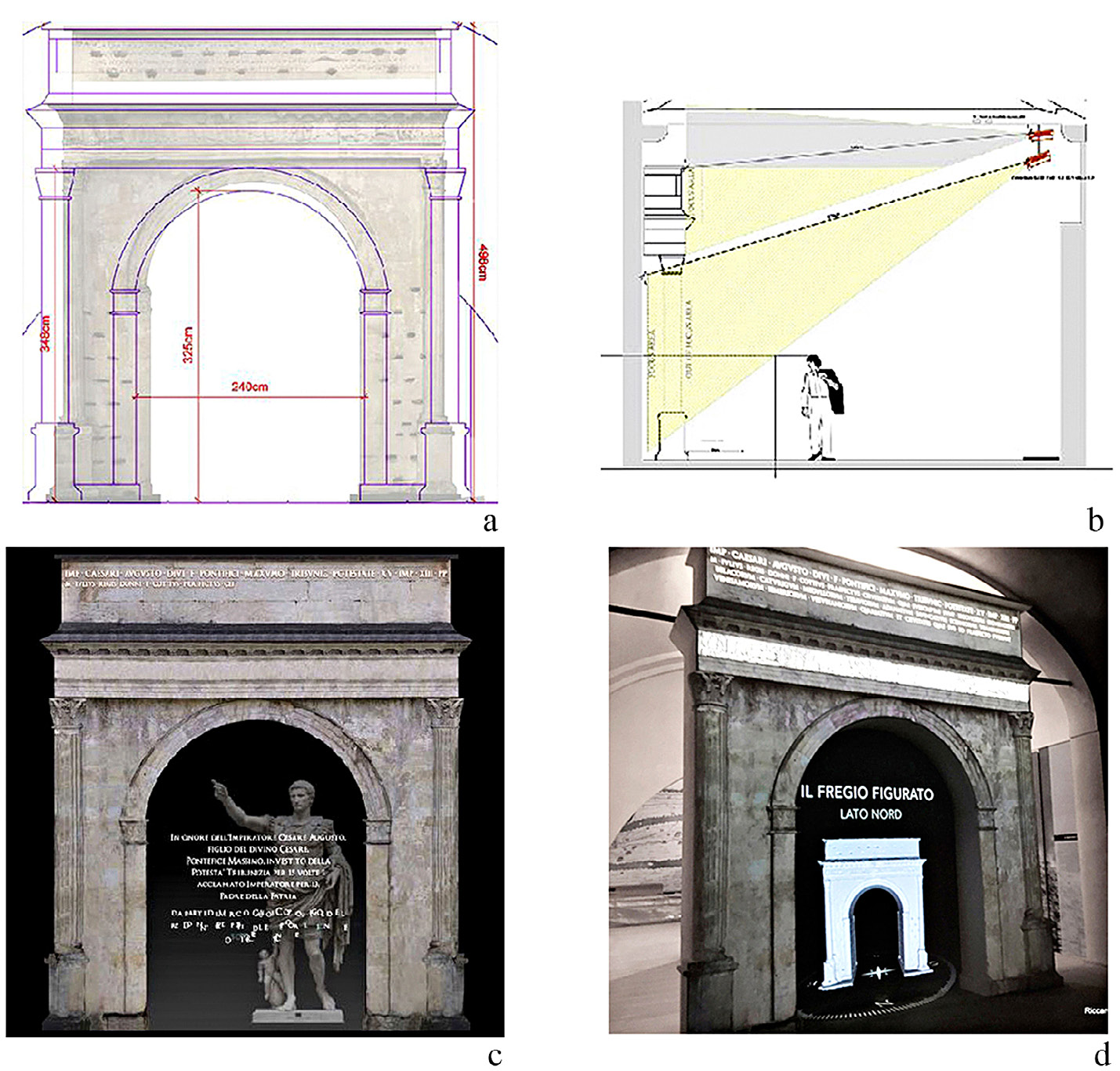 Fig. 3 – a) Sketch for the creation of the life-size model from the 3D model; b) Sketch of the projection devices; c) Multimedia installation with the explanation of the written inscription; d) Multimedia installation inside the dark room of the museum with the projection of the northern side of the Arch.