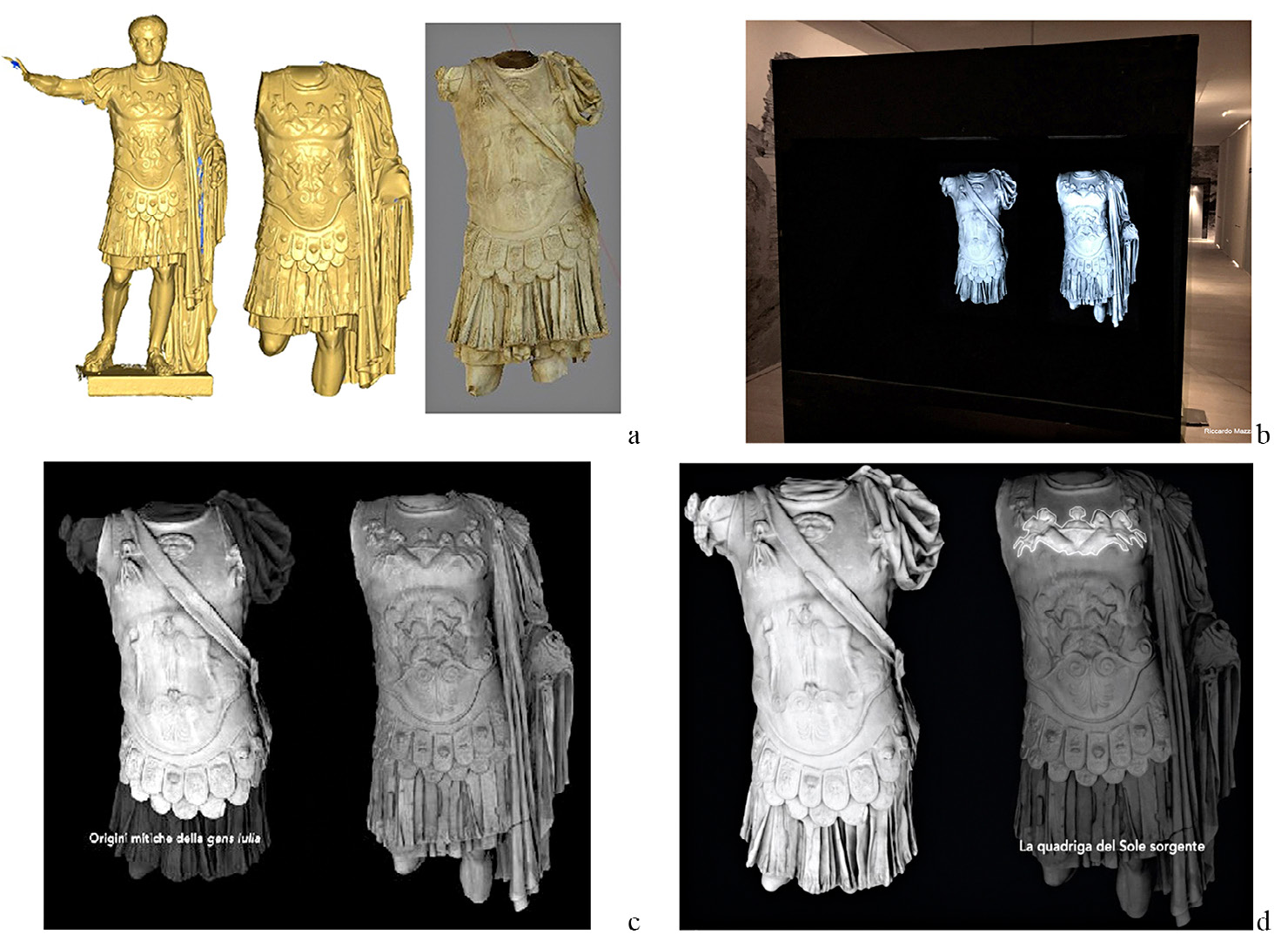 Fig. 4 – a) Mesh model of the bust before the cut, after the cut, after texture; b) The multimedia installation that simulates a holographic projection of the statues; c-d) Still images of the projection on the busts.