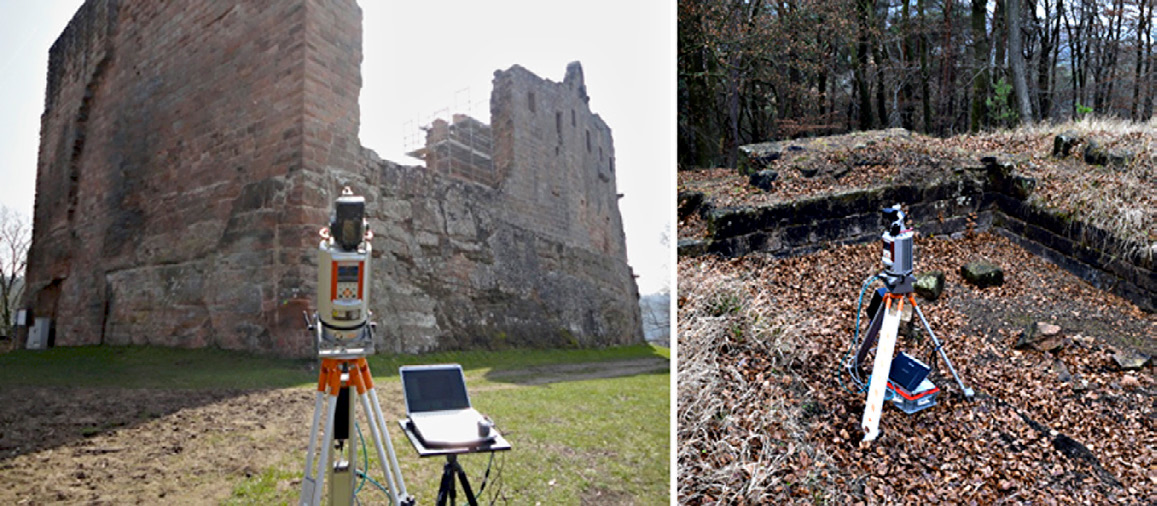 Fig. 2 – Riegl Laserscanner at castle Hohenecken (left) and castle Perlenberg (right).