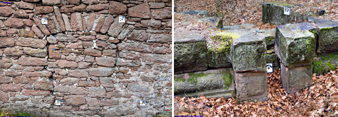 Fig. 4 – Photogrammetric screenshots of a portion of the wall at the Commandry in Einsiedel (left), and a portion of the wall at castle Perlenberg (right).