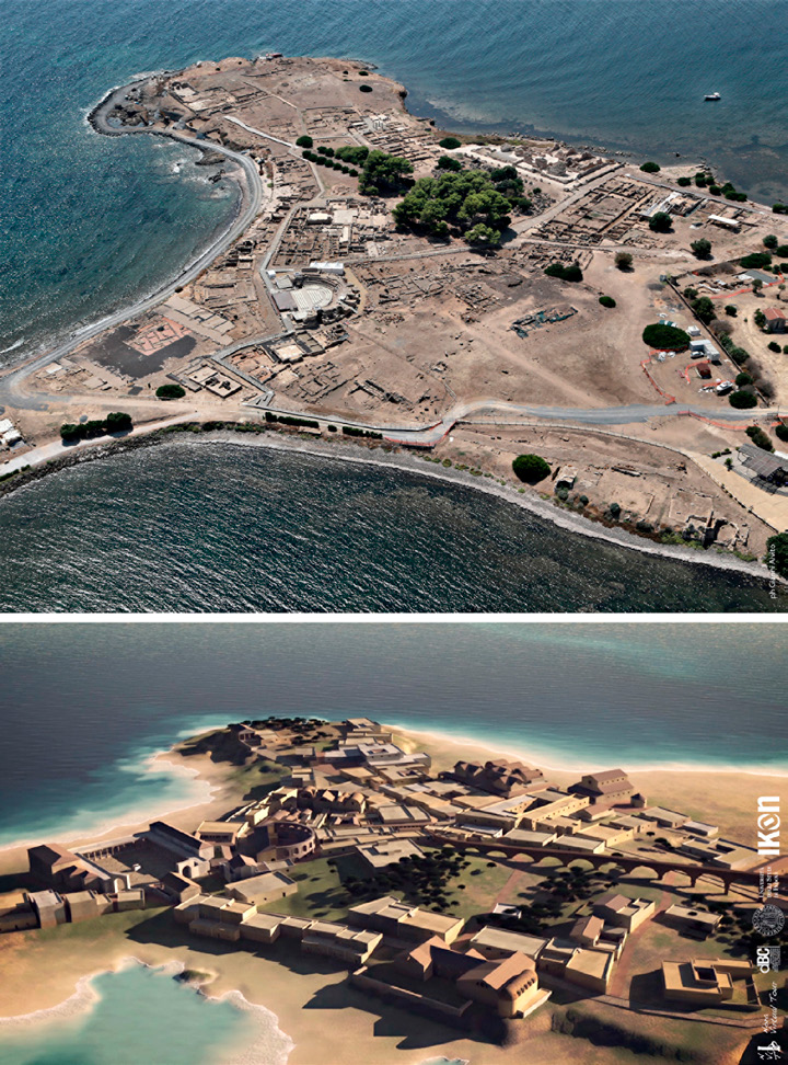 Fig. 1 – Aerial view of Nora peninsula nowadays (photo: G. Alvito – Teravista) and in the Roman Middle Imperial reconstruction (graphics processing: Università di Padova, Ikon).