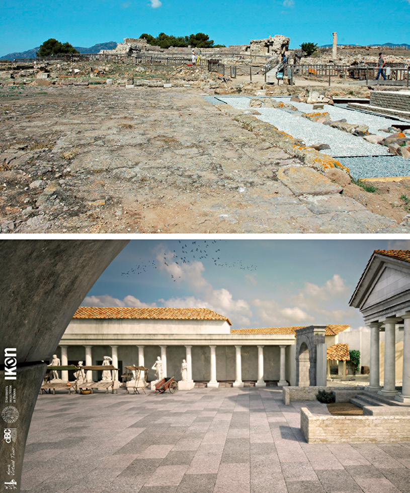 Fig. 2 – The Roman forum of Nora nowadays, after the restoration (photo: G. Alvito – Teravista) and in the Roman Middle Imperial reconstruction (graphics processing: Università di Padova, Ikon).