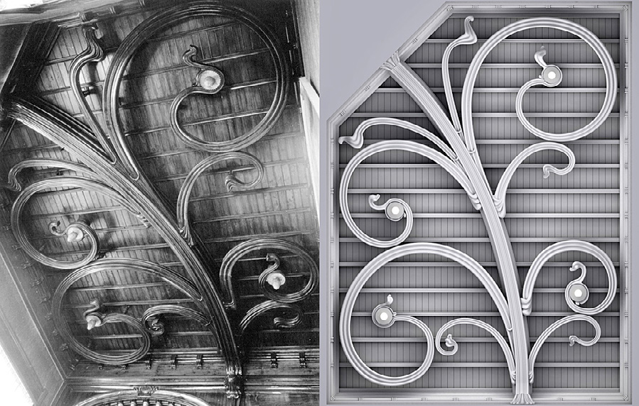 Fig. 1 – Comparison between the originale photo of the ramage before the arson (left), and the 3D reconstruction of the wooden ceiling (right).