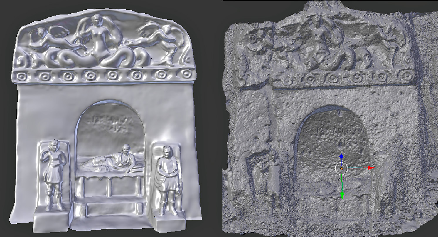 Fig. 3 – The comparison between unmodified 3D model of the “Tomba della Sirena” created in Agisoft Photoscan software (on the right) and 3D model of the virtual reconstruction after sculpting and retopology created in Blender software (on the left).