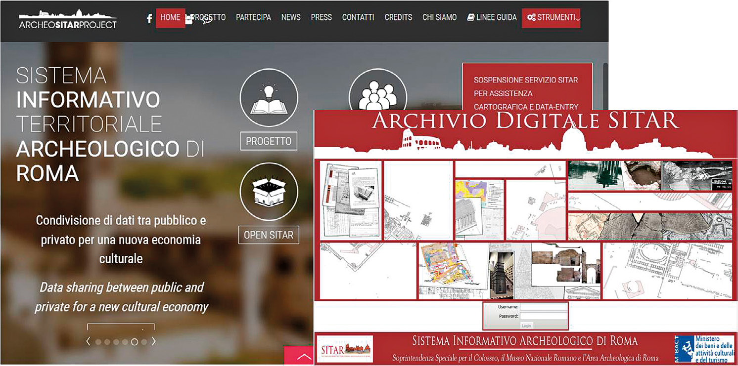 Fig. 1 – Homepage del sito web del Sistema Informativo Territoriale Archeologico di Roma e accesso online all’Archivio digitale SITAR.