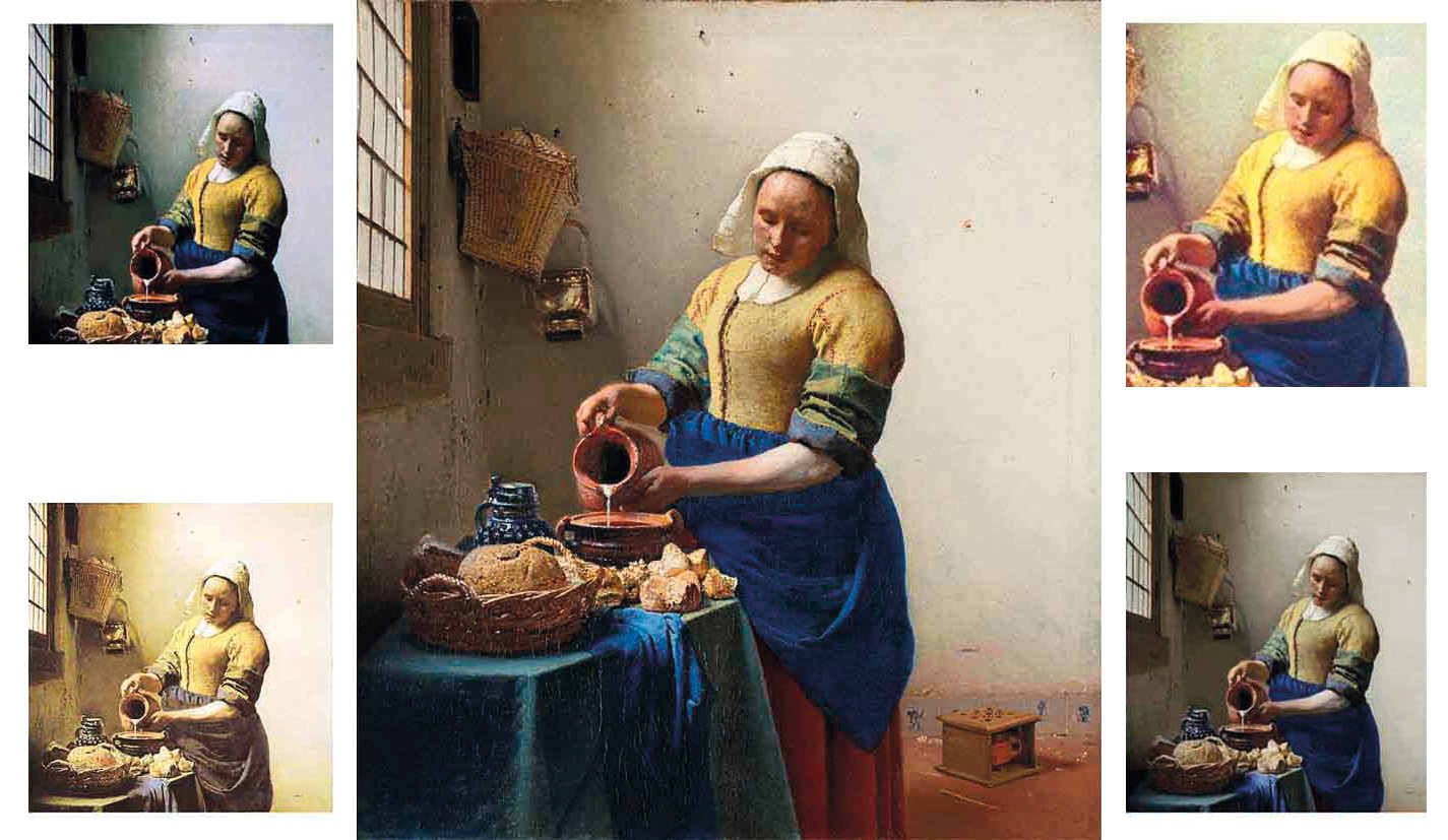 Fig. 2 – Rijksmuseum Amsterdam: J. Vermeer, Yellow milkmaid. Esempi di alcune immagini distorte del dipinto presenti sul web, in confronto alla versione veritiera e cromaticamente corretta al centro.