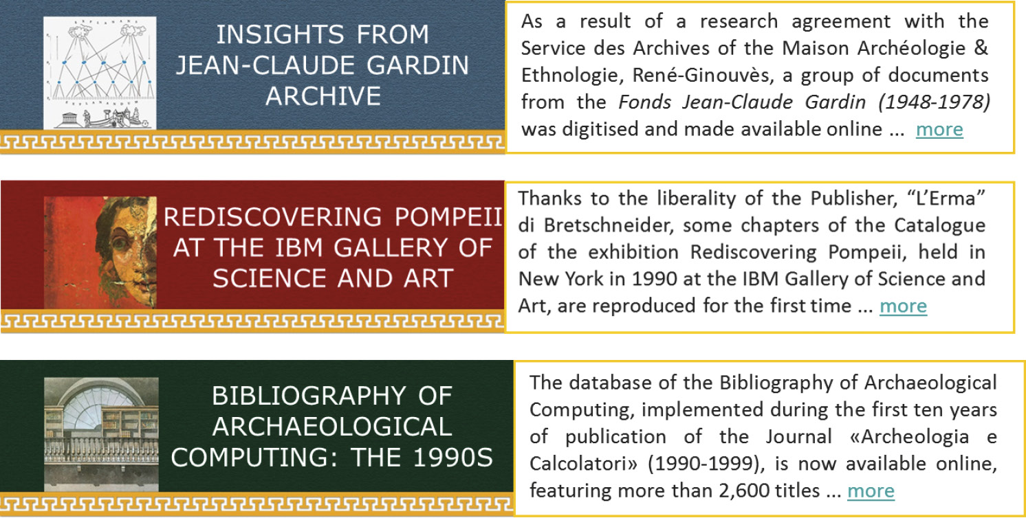 Fig. 2 – Alcuni degli “highlights” segnalati nella homepage del Museo virtuale dell’informatica archeologica.