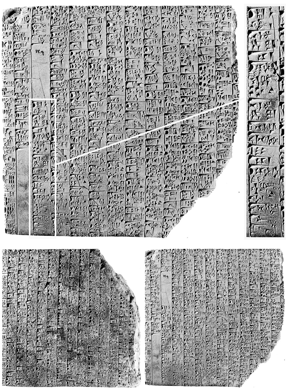 Fig. 1 – A cuneiform text from Ebla (= ARET I 1). Bottom: obverse (left) and reverse (right) views; top: magnified view of reverse (left) and detail of column XII (right).