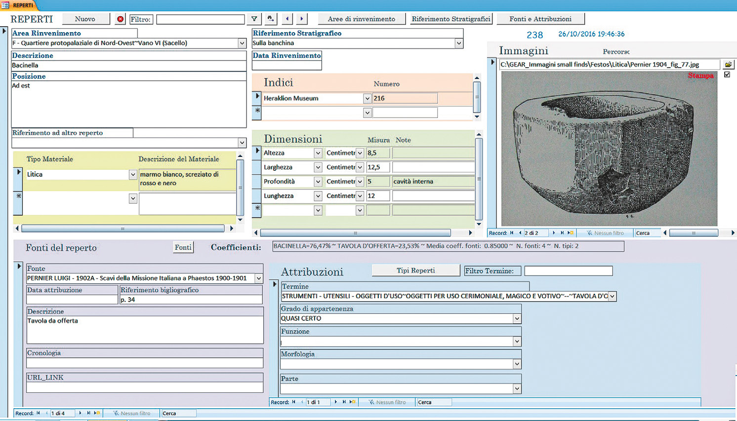 Fig. 7 – Maschera “Reperti”: Reperto ID 238. I record presenti in “Fonti del reperto” sono 4.