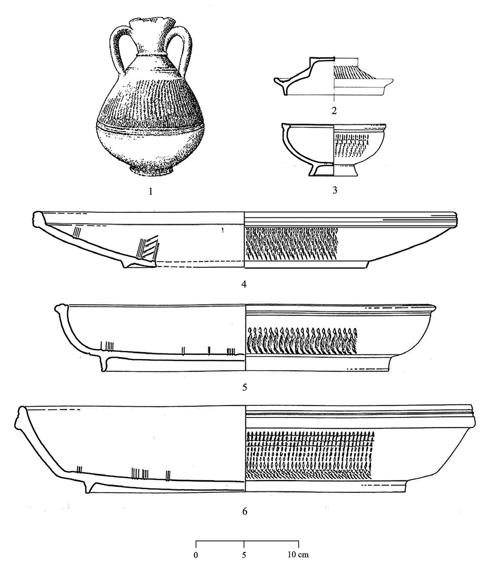 Fig. 1 – Servizio da tavola centro tunisino: 1) Anforetta di tipo Atlante tav. XXI, 19, Tunisi, Musée du Bardo; 2) Coperchio di tipo Deneauve 1974, fig. 9, 11, Cartagine, Byrsa; 3) Piatto Hayes 85A, Atene (Hayes 1972, fig. 23. Form 85A.1); 4) Piatto Hayes 82B, Atene (Hayes 1972, fig. 23. Form 82B.7); 5) Piatto Hayes 83, Benaki Museum (da Alessandria? Hayes 1972, fig. 23. Form 83.2); 6) Piatto Hayes 84, Corinto C-65-13 (Hayes 1972, fig. 23. Form 84.1).