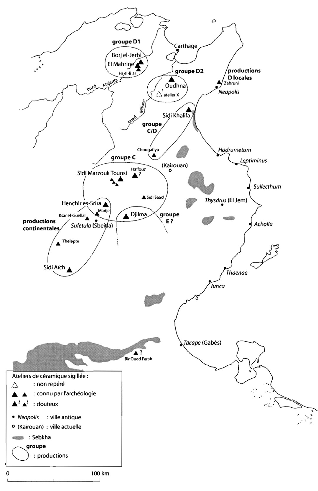 Fig. 2 – Carta di distribuzione dei centri di produzione in Tunisia (da Bonifay 2004, 46, fig. 22).