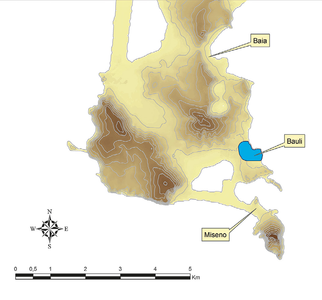 Fig. 2 – DTM della penisola di Baia-Miseno con localizzazione di Bauli a Bacoli, secondo la teoria più accreditata.