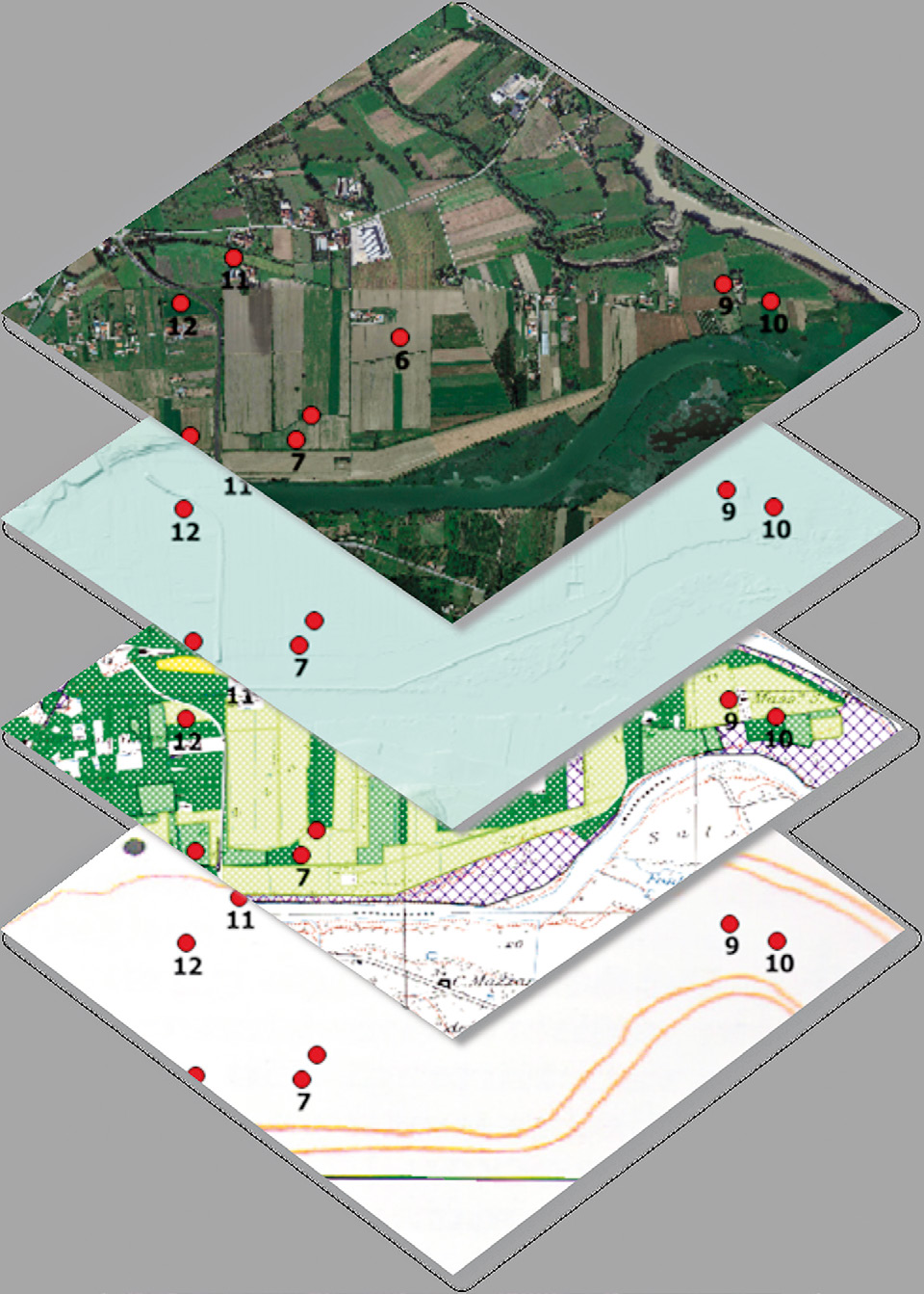 Fig. 4 – Esempio di rappresentazione dei diversi layer di informazione utilizzati nel progetto GIS.