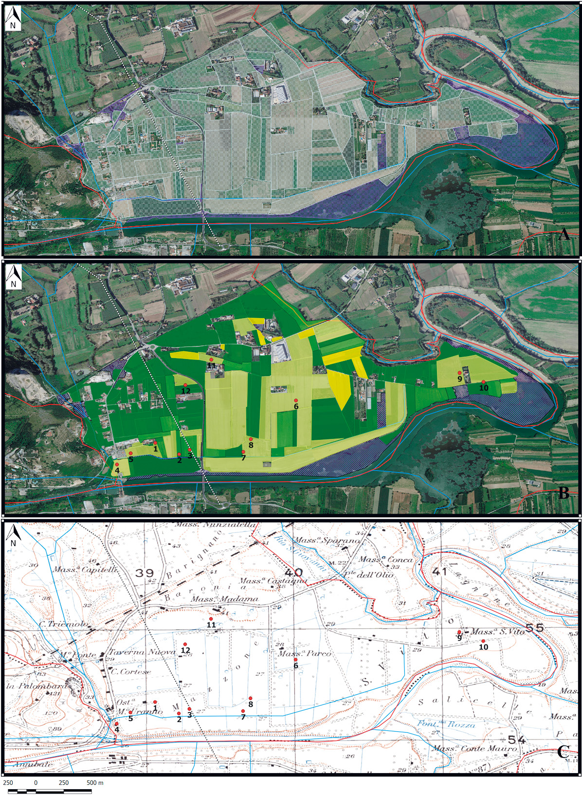 Fig. 6 – Carta delle aree ricognite (A), carta dei siti censiti ex novo sul layer della visibilità (B) e carta dei siti e dei toponimi (C).