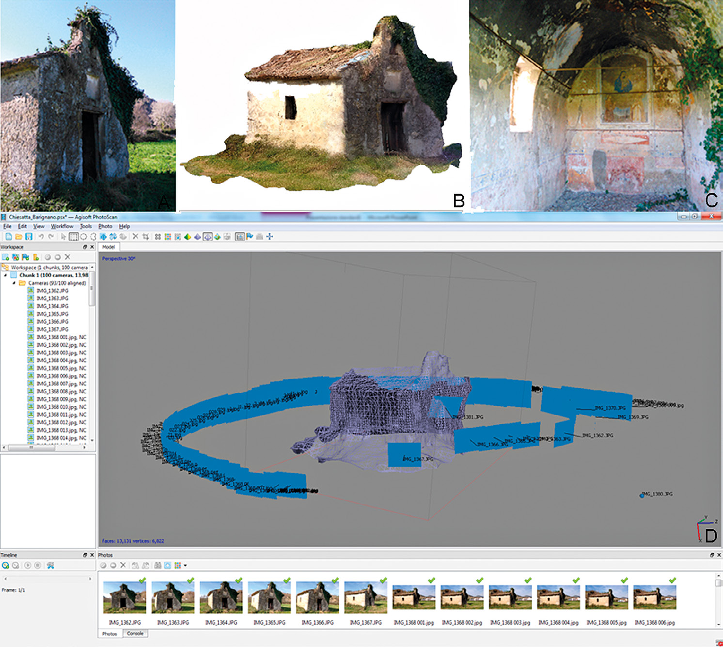 Fig. 8 – Chiesa in Località Osteria Mulino Uranno: particolari fotografici e ricostruzione 3D.