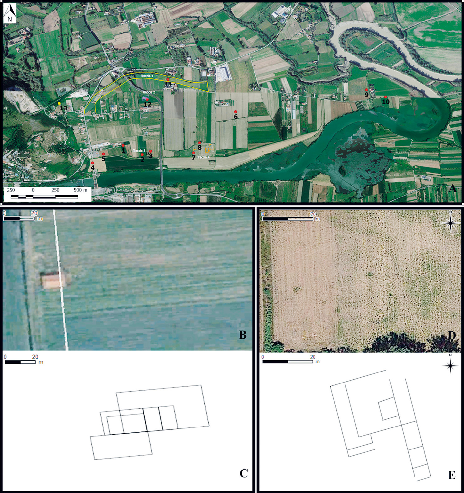 Fig. 10 – Carta della fotointerpretazione su dati telerilevati (A) con i particolari delle immagini satellitari (B e D) e delle tracce relative alle due strutture riconosciute sui siti n. 12 e n. 3 (C e E).