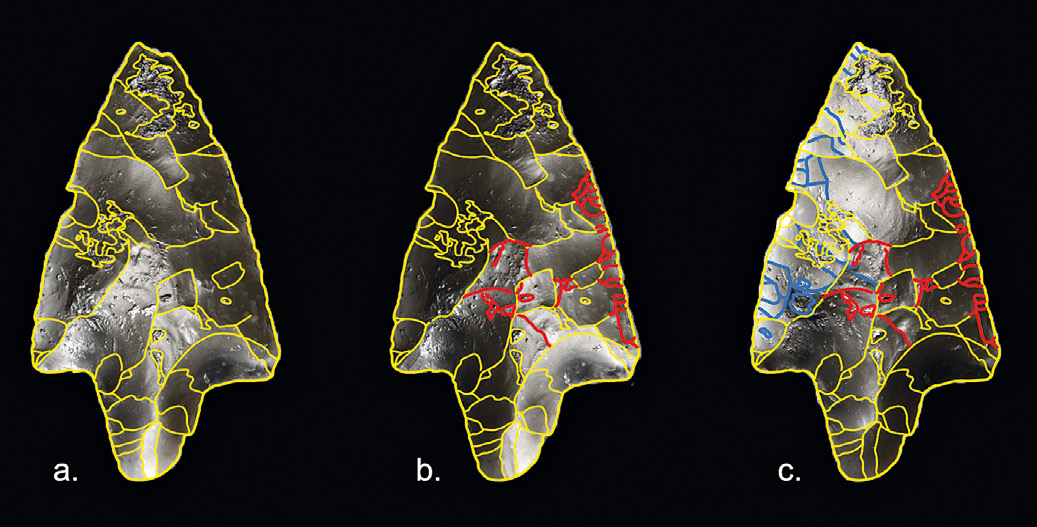 Fig. 8 – Fasi del disegno archeologico: a) bordi identificati sulla prima immagine RTI (in giallo); b) sovrapposizione del disegno sulla seconda immagine e nuove integrazioni (in rosso); c) integrazioni conclusive (in azzurro). Punta di freccia in selce, fasi iniziali della media età del Bronzo, abitato di via Ordiere, Solarolo (RA).