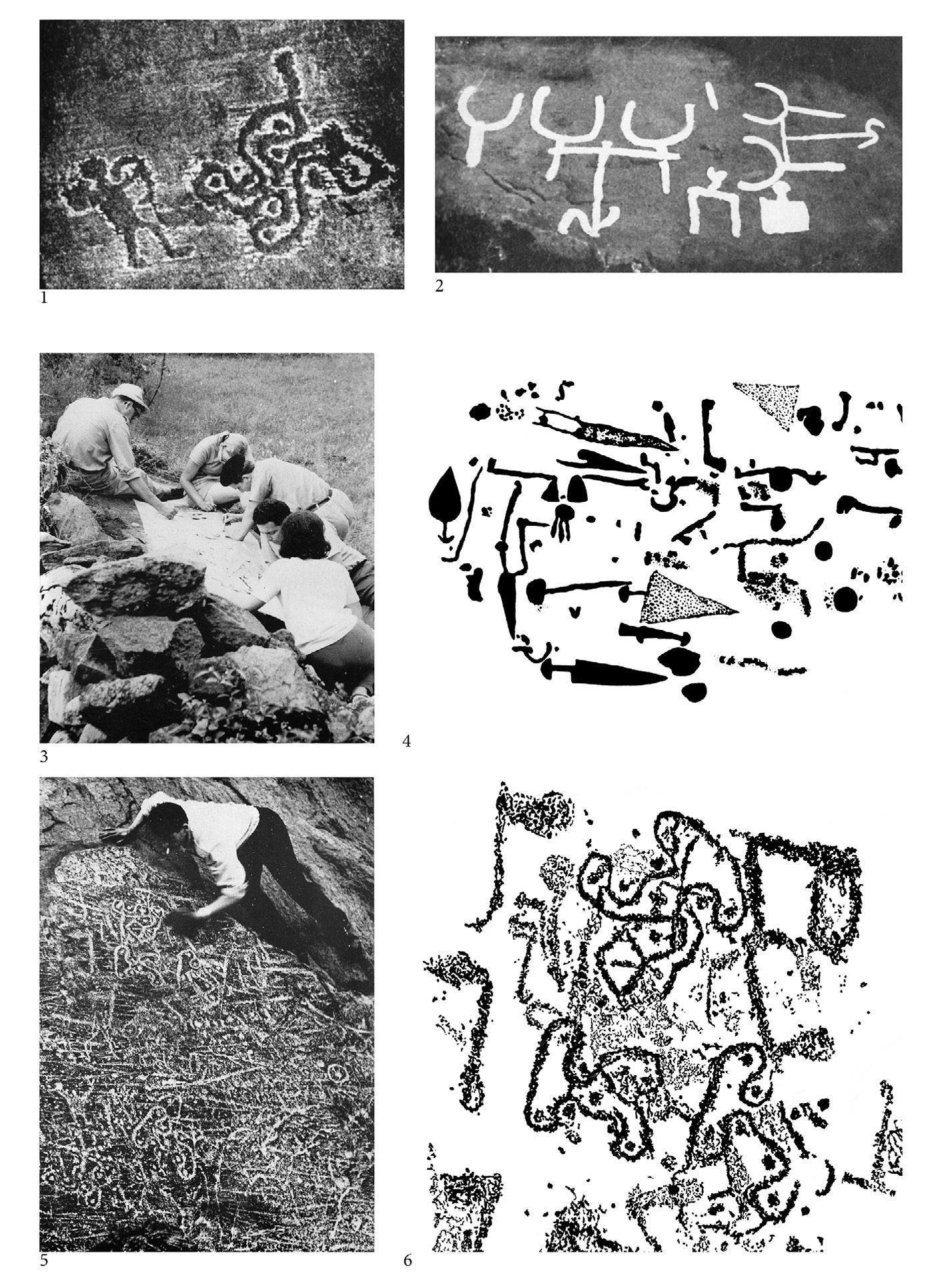 Fig. 1 – Rock art recording methods in Valle Camonica. 1) Bedolina (Capo di Ponte, BS) photograph from Altheim and Trautmann (Marretta 2009, 29); 2) Cimbergo, rock n. 8 (Glob 1954); 3-4) Contact Tracing. Luine, 1963, rock n. 14 (Anati 1982, 146); Neutral Method + Contact Tracing. Luine, 1968, rock n. 30 (Anati 1982, 164-165).