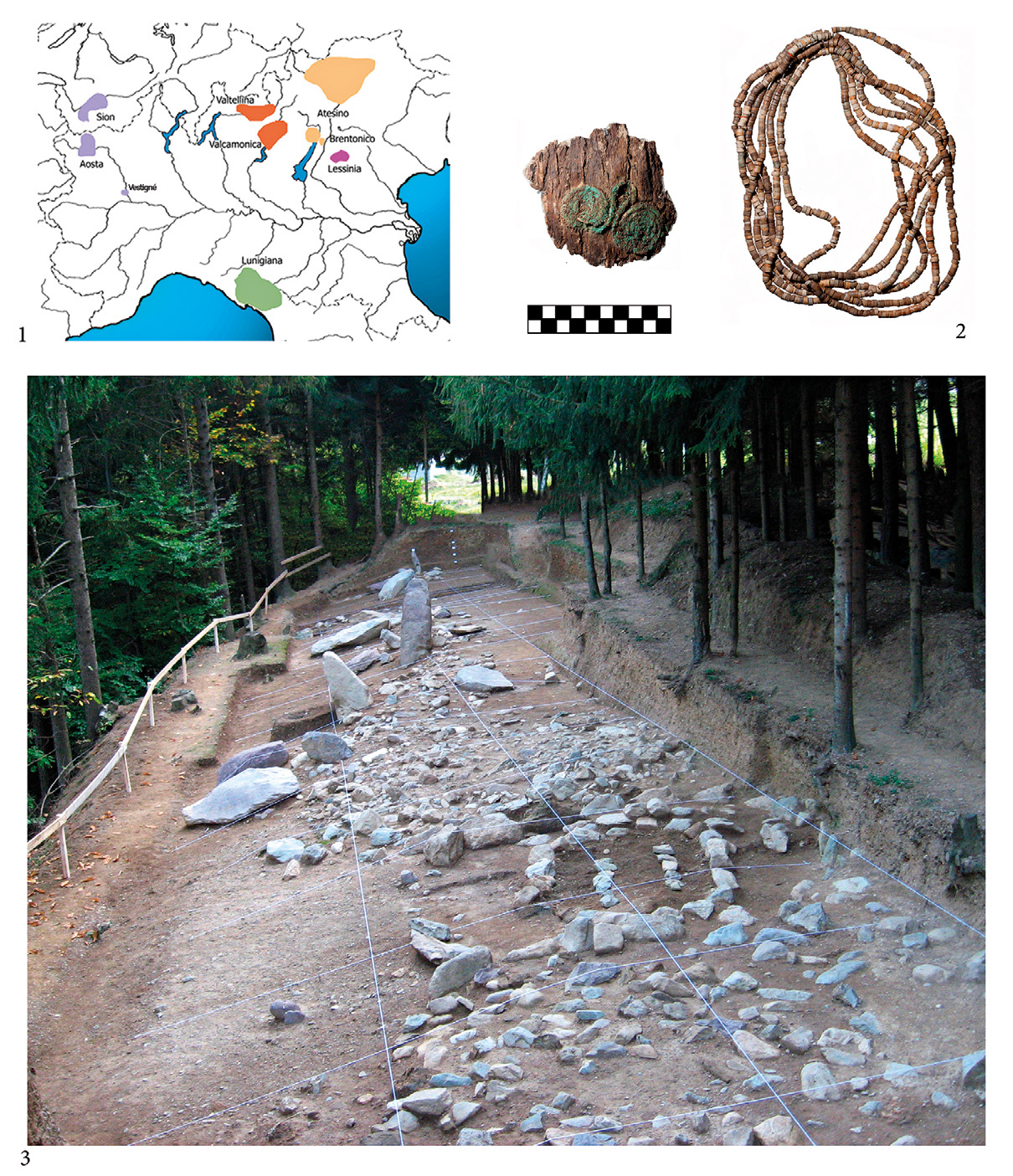 Fig. 2 – 1) Map of the major areas of distribution of engraved steles and monoliths of northern Italy; 2) Offerings found in Ossimo-Pat Copper Age sanctuary, Mound A (Poggiani Keller 2017b, 105); 3) Ossimo-Pat Copper Age sanctuary, photograph of the site during excavations (photo taken from the northern part of the site. One of the votive stone circles is clearly visible in the foreground).