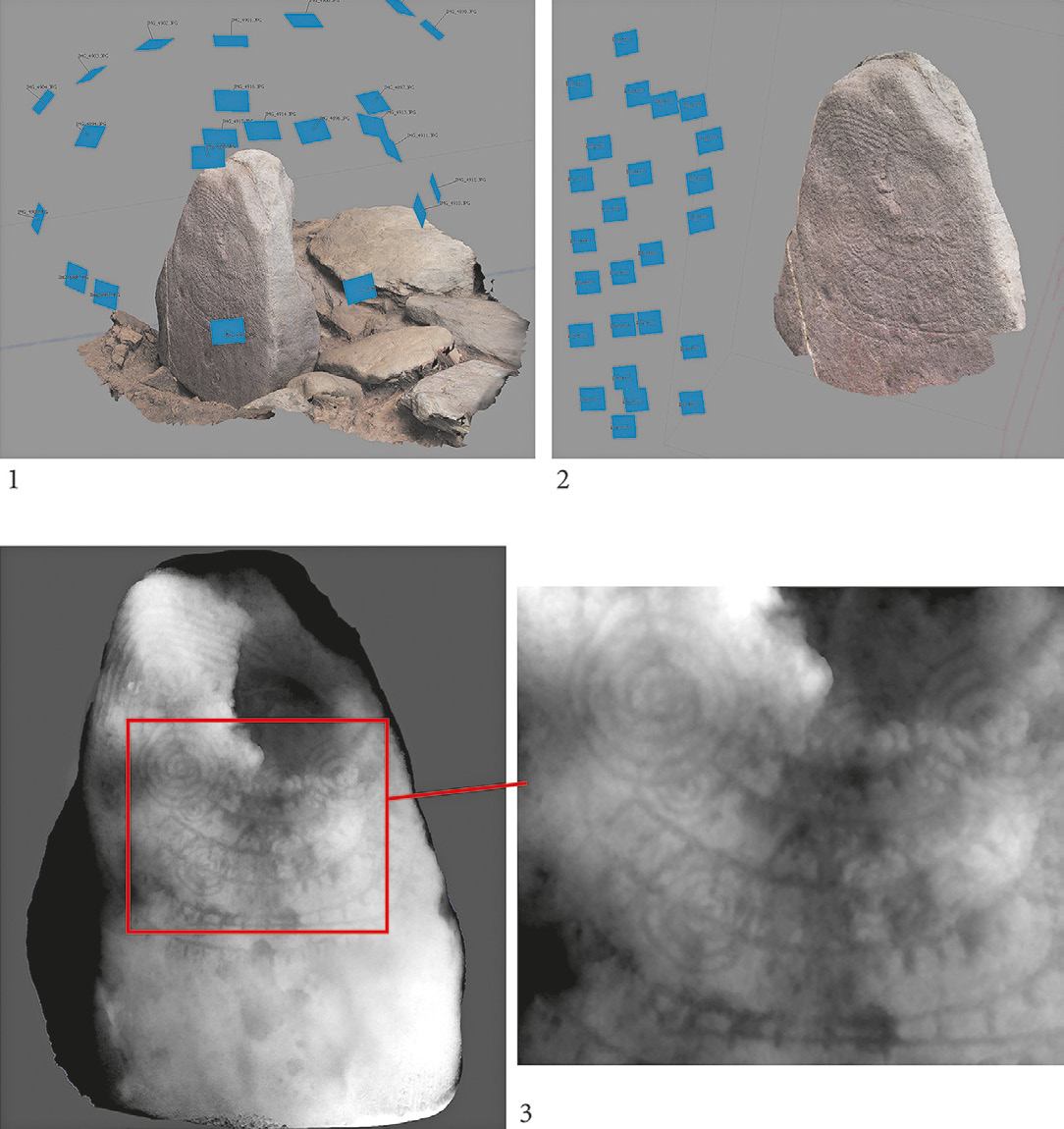 Fig. 5 – 1) General 3D Model of Pat n. 23; 2) 3D particular model of the engraved face of the monolith; 3) Depthmap shader view of engravings.