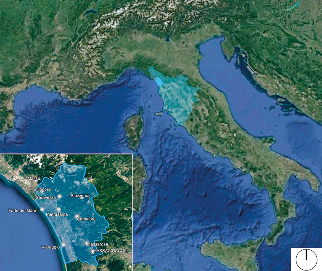 Fig. 1 – La Versilia, una sub regione della Toscana nord-occidentale, compresa tra il mare e la cornice delle Alpi Apuane.