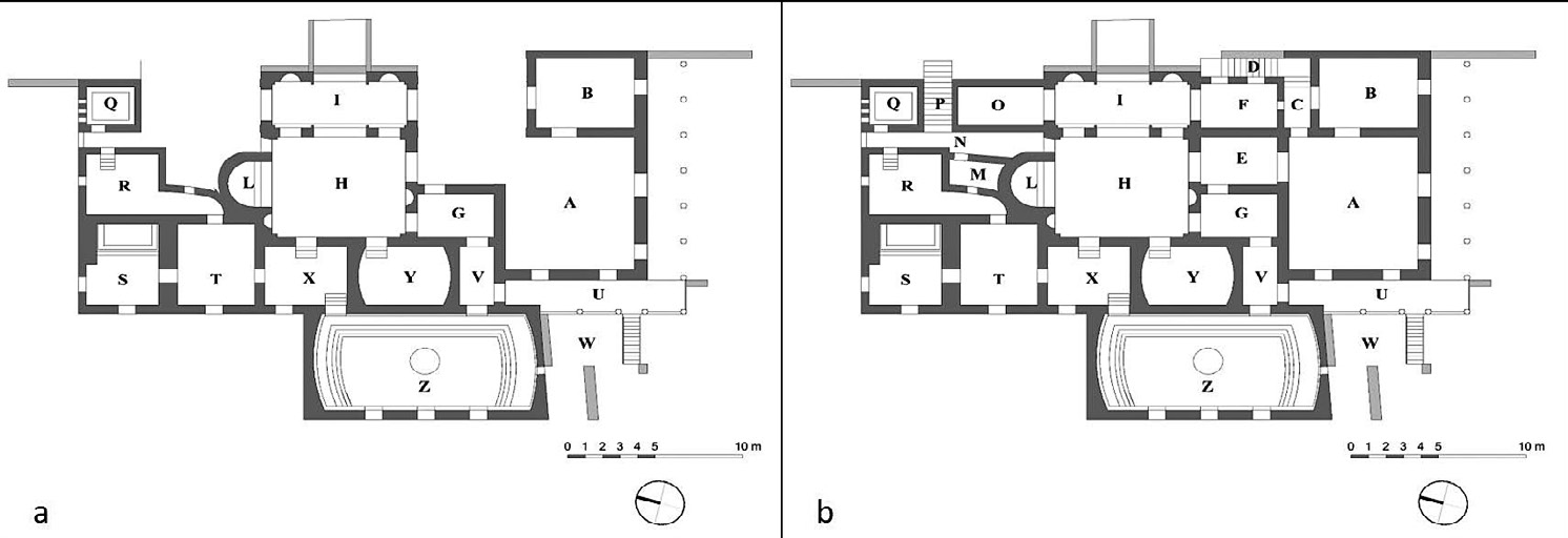 Fig. 9 – Planimetrie dell’area termale della villa d’otium di Massaciuccoli (Massarosa, LU) (R. Rivola): a) prima ristrutturazione, seconda metà del I secolo d.C. circa; b) seconda ristrutturazione, primi decenni del II secolo d.C. circa.