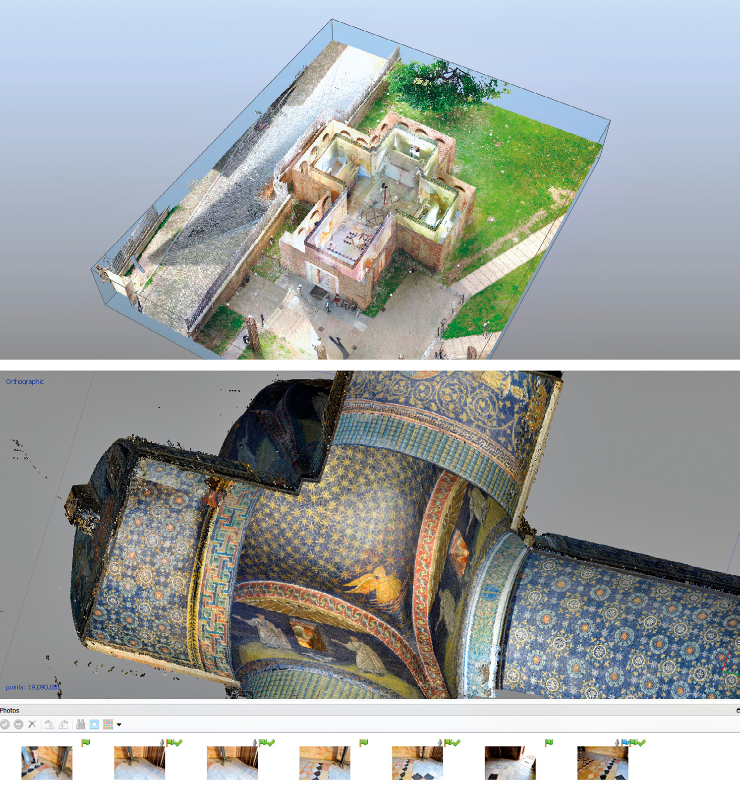 Fig. 2 – Mausoleo di Galla Placidia, sopra: screenshot della nuvola di punti, scanner Faro Focus 330, software Scene 6.2, rilievo (6/03/2017) ed elaborazione dati M. Incerti; sotto: le texture delle volte mosaicate realizzate mediante fotogrammetria digitale (interno: 212 foto, 90 targets; rilievo ed elaborazione dati M. Incerti).